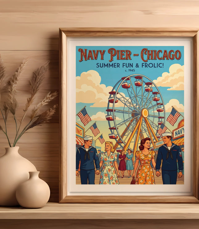 Navy Pier - Chicago Summer Fun & Frolic poster with Ferris wheel, sailors, and women.
