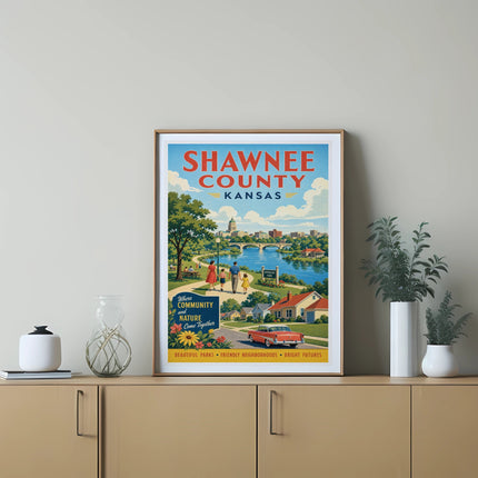 Shawnee County Kansas poster with Riverside Park scene and text.