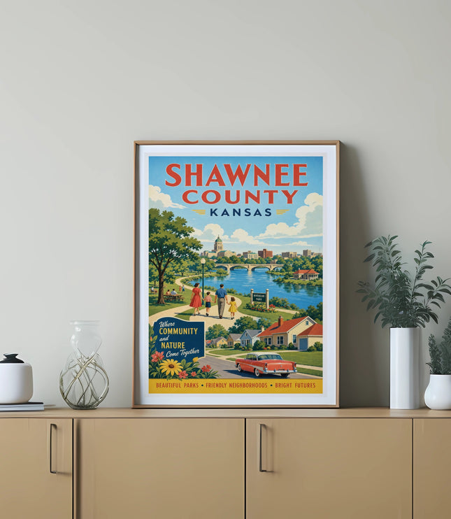 Shawnee County Kansas poster with Riverside Park scene and text.