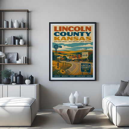 Lincoln County Kansas vintage travel poster with a windmill and town scene.