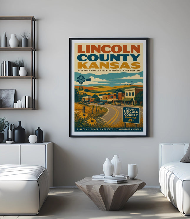 Lincoln County Kansas vintage travel poster with a windmill and town scene.