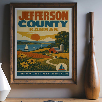 Jefferson County, Kansas vintage travel poster with barn, fields, and sailboats.
