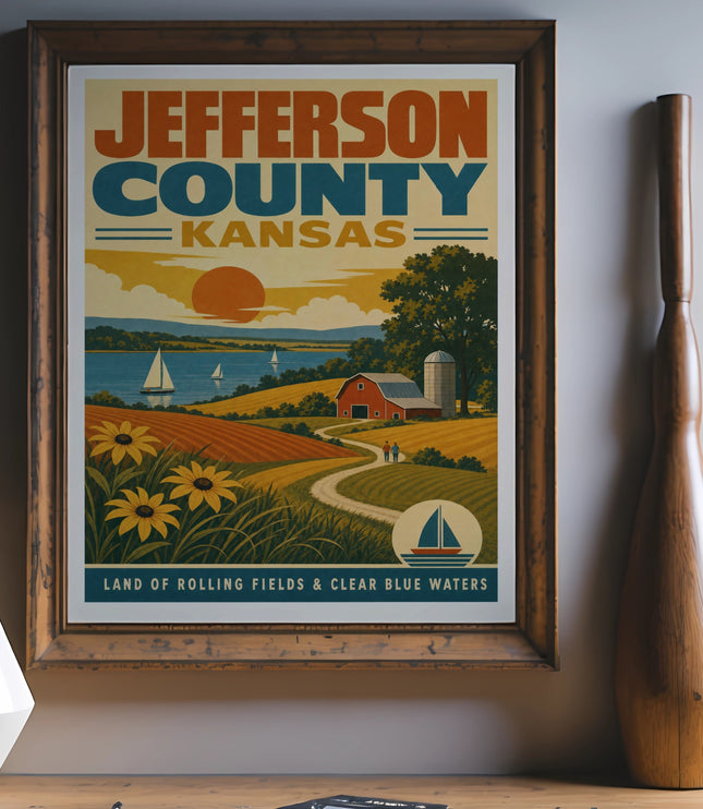 Jefferson County, Kansas vintage travel poster with barn, fields, and sailboats.