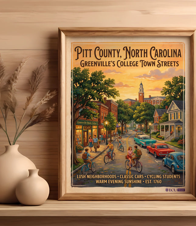 Pitt County, North Carolina: Greenville's college town streets with classic cars and cyclists.