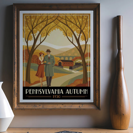 Pennsylvania Autumn 1930 vintage travel poster with couple.