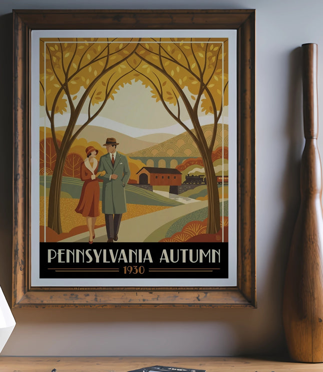 Pennsylvania Autumn 1930 vintage travel poster with couple.