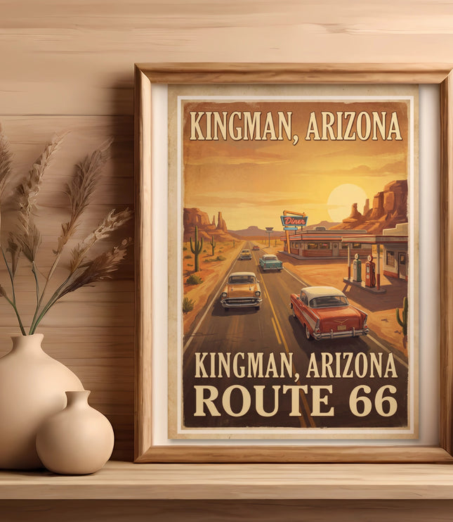 Retro Kingman, Arizona Route 66 poster with vintage cars and desert landscape.