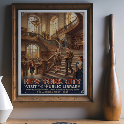 New York Public Library vintage travel poster, grand staircase, reading rooms, 1948.