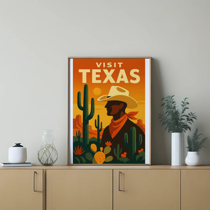 "Visit Texas" poster featuring a cowboy silhouette against a desert landscape.