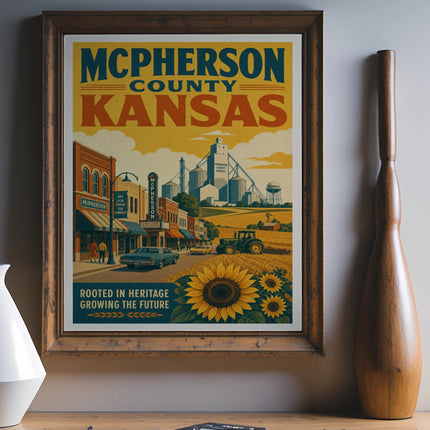 McPherson County Kansas vintage travel poster with sunflowers and grain elevators.