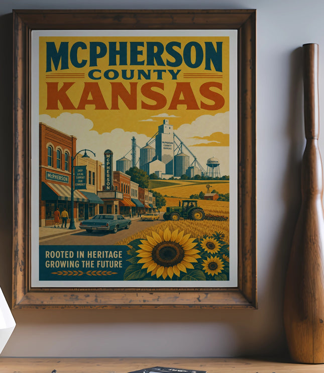 McPherson County Kansas vintage travel poster with sunflowers and grain elevators.
