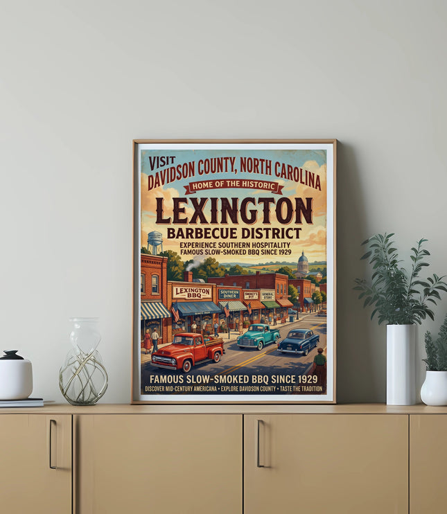 Vintage poster for Lexington Barbecue District, Davidson County, NC, since 1929.