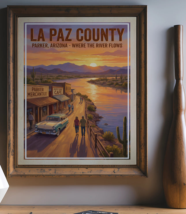 La Paz County poster with sunset scene, river, town, and vintage car.
