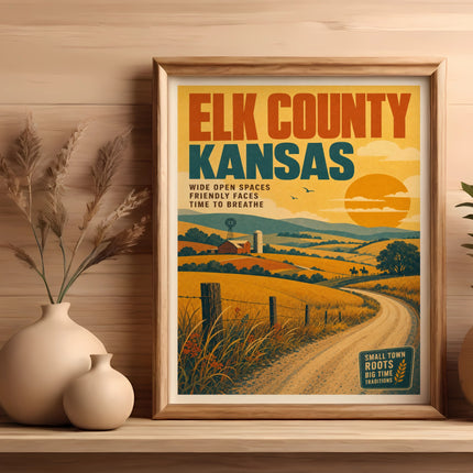 Elk County, Kansas, with rural landscape and text about its attractions.