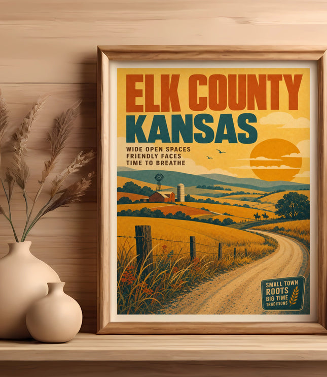 Elk County, Kansas, with rural landscape and text about its attractions.