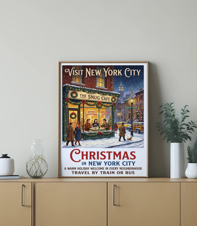Vintage poster featuring a snowy New York City street with "Christmas in New York City" text.