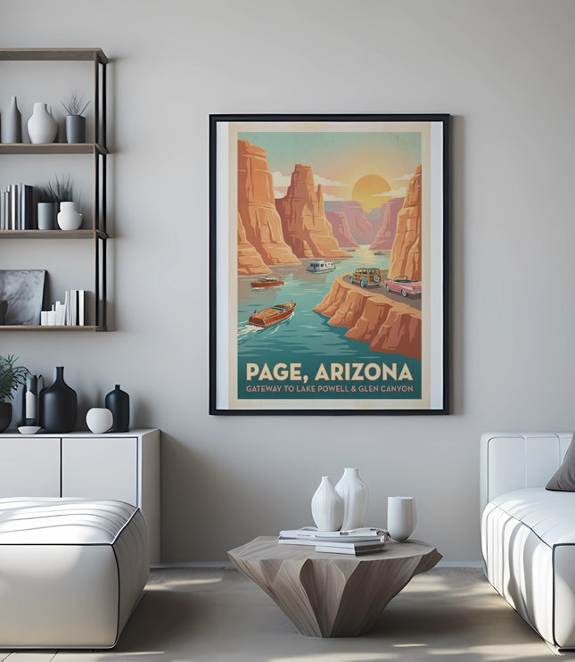 Page, Arizona poster depicting canyon, boats, and classic cars with sunset.