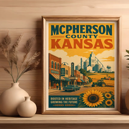 McPherson County Kansas vintage travel poster with farm and town scene.