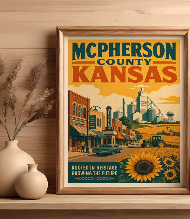 McPherson County Kansas vintage travel poster with farm and town scene.
