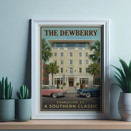 The Dewberry Charleston, SC poster with vintage cars features palm trees and a classic hotel.