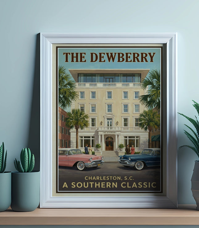 The Dewberry Charleston, SC poster with vintage cars features palm trees and a classic hotel.