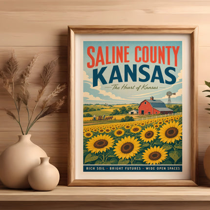 Saline County Kansas art print with sunflowers and farm landscape.