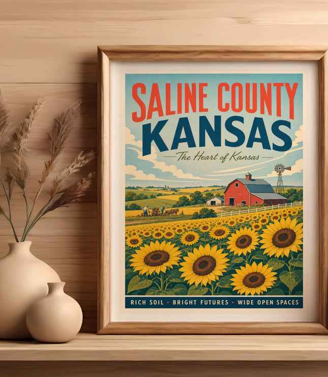 Saline County Kansas art print with sunflowers and farm landscape.