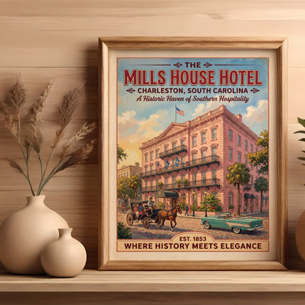 The Mills House Hotel in Charleston, SC poster, featuring a pink hotel, carriage, and car.