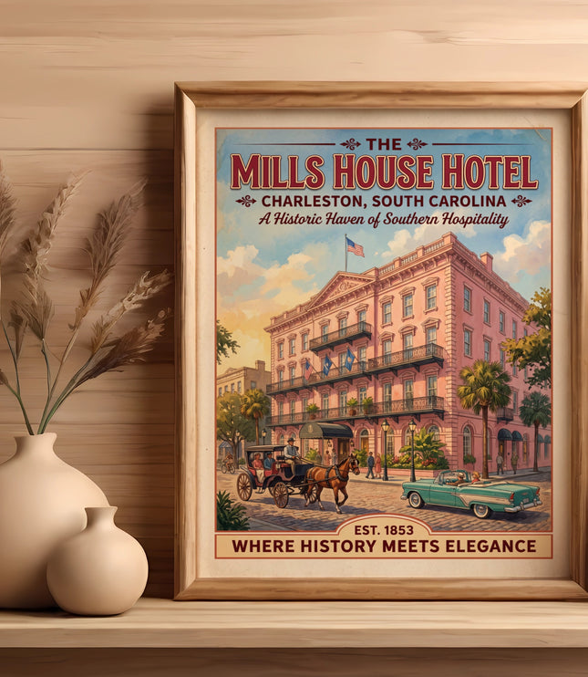 The Mills House Hotel in Charleston, SC poster, featuring a pink hotel, carriage, and car.