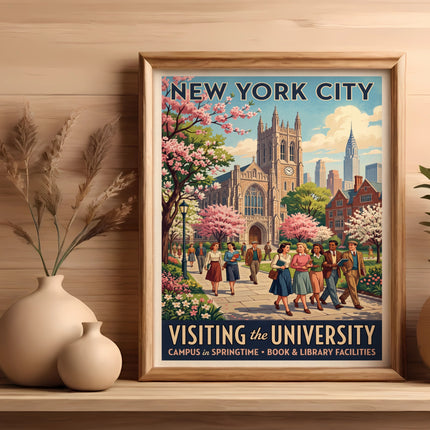 New York City poster with university campus in bloom and people walking.