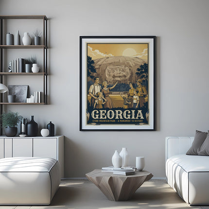 Georgia Stone Mountain Park tourist poster with a family at the monument.