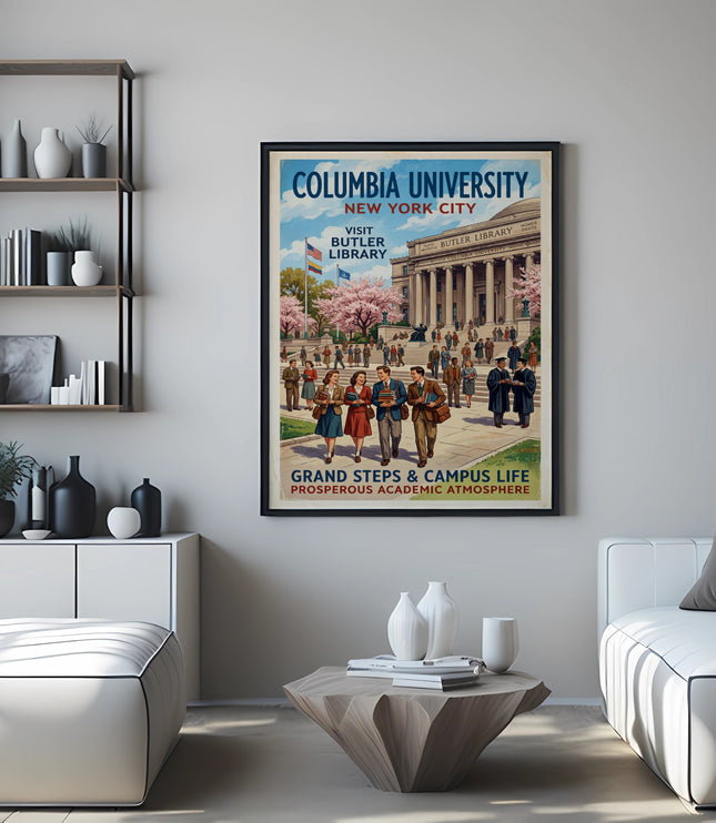 Columbia University New York City Butler Library vintage travel poster.