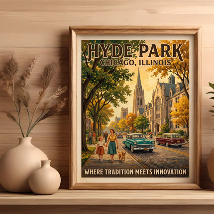 Hyde Park Chicago Illinois vintage travel poster with buildings, cars, and people.