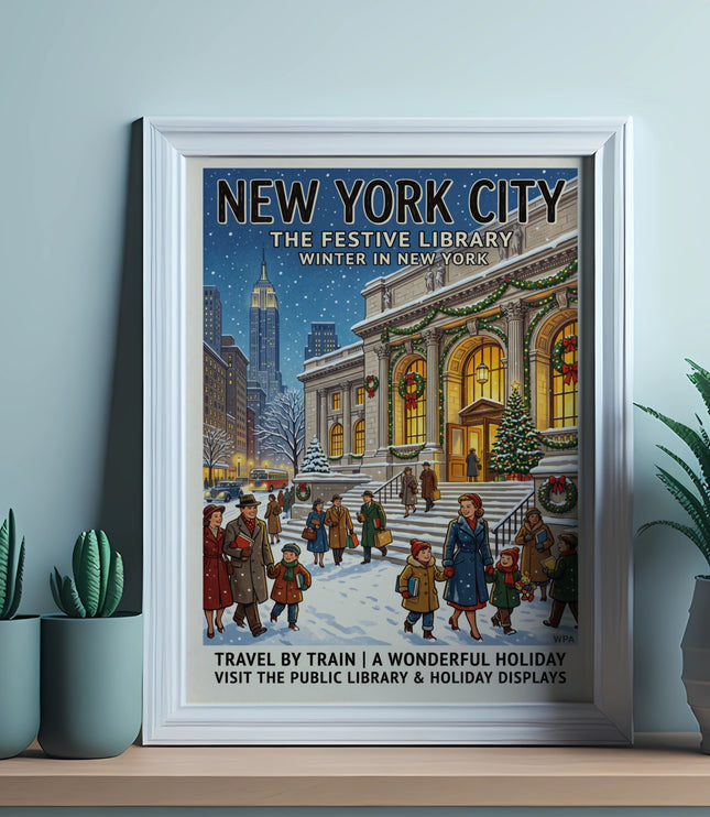 New York City Festive Library Winter travel by train poster with holiday scenes.
