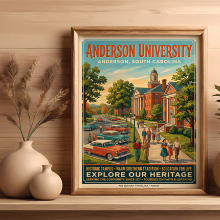 Anderson University poster shows vintage cars and buildings with text "Explore Our Heritage".