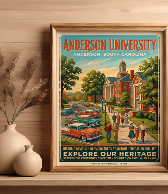 Anderson University poster shows vintage cars and buildings with text "Explore Our Heritage".