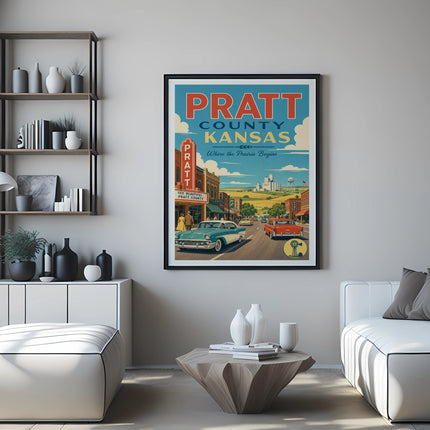 Vintage Pratt County, Kansas travel poster with cars and buildings.