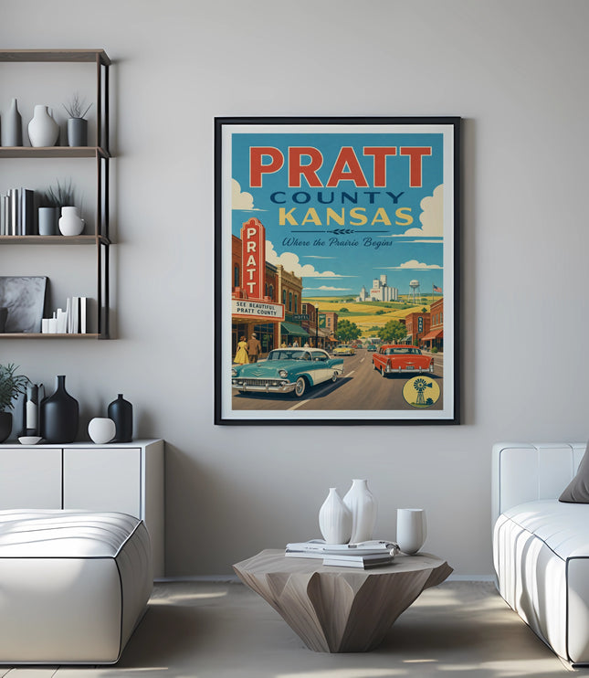 Vintage Pratt County, Kansas travel poster with cars and buildings.