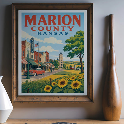 Retro poster of Marion County, Kansas, featuring a street scene and sunflowers.