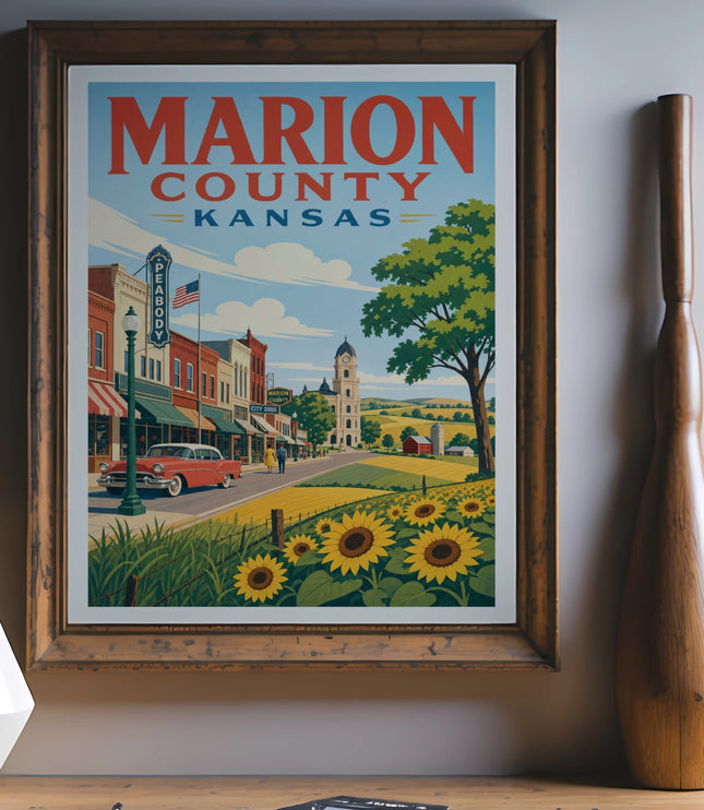 Retro poster of Marion County, Kansas, featuring a street scene and sunflowers.