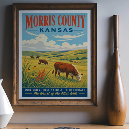 Morris County Kansas vintage travel poster with cows and rolling hills.