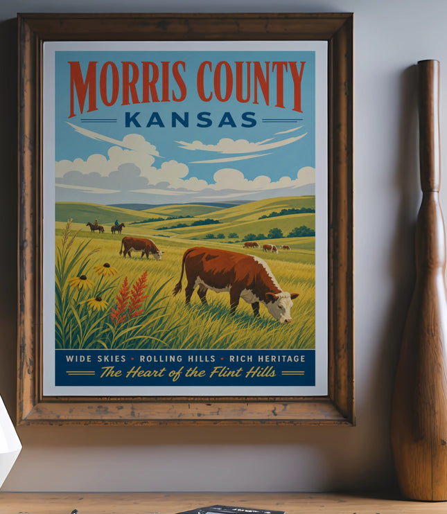 Morris County Kansas vintage travel poster with cows and rolling hills.