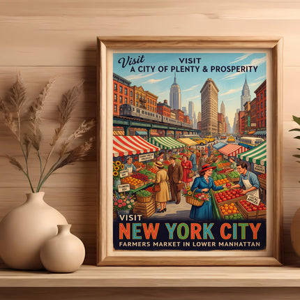 Vintage New York City farmers market poster with Empire State Building.