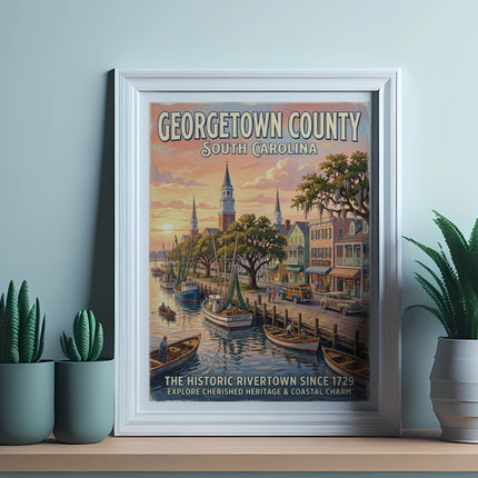 Georgetown County, South Carolina, historic rivertown, boats, buildings, and trees.