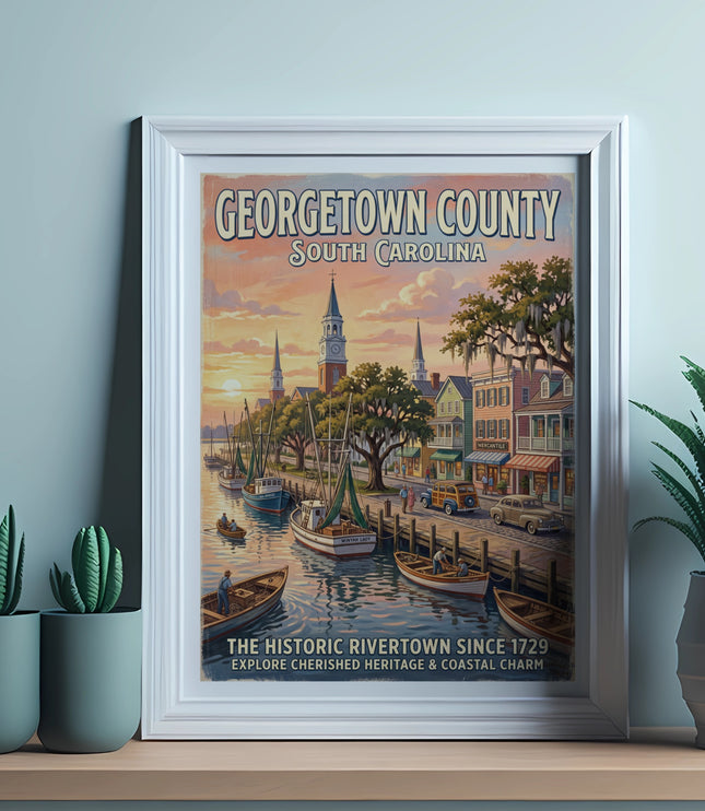 Georgetown County, South Carolina, historic rivertown, boats, buildings, and trees.