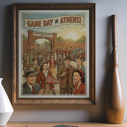Vintage "Game Day in Athens!" poster featuring Sanford Stadium and crowd.