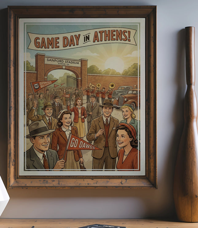 Vintage "Game Day in Athens!" poster featuring Sanford Stadium and crowd.