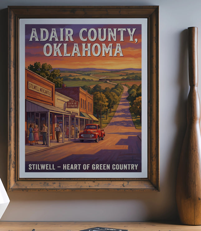 Adair County, Oklahoma, Stilwell - Heart of Green Country vintage travel poster