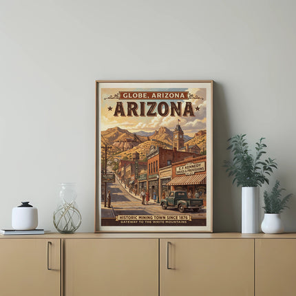 Vintage poster of Globe, Arizona, showing a historic street scene with mountains.