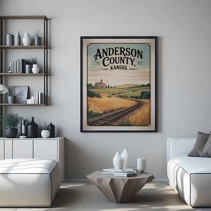 Vintage travel poster for Anderson County, Kansas with train tracks and fields.